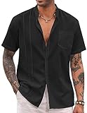 COOFANDY Men Short Sleeve Linen Shirt Cuban Beach Shirt Summer Untucked Band Collar Top Black