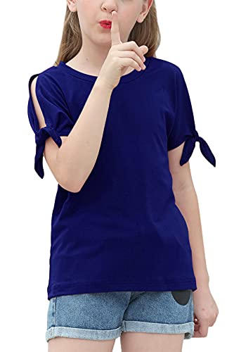 Image of GORLYA Girls Slit Sleeve Tie Knot Cuff Knit Tunic Top 4-14Y | Seamless knit, cold shoulder slit sleeves with tie-knot cuffs, solid & stripe options, ideal for school and casual outings.