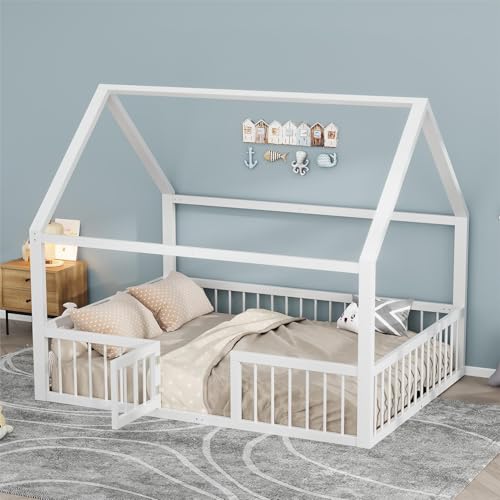 Sapgaks Lit cabane Enfants 140 x 200,lit Enfant avec Barriere,lit au Sol Enfant,avec Sommier et Barrière,Style...