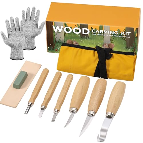 Wood Carving Tools, 10 in 1 Wood Whittling Kits, Chip Carving Tools Set, with 0 Basswood Carving Block, 6PCS Whittling Tools, Gloves, Sharpener, Roll Canvas Bag, Wood Carving Set for Adult Beginners