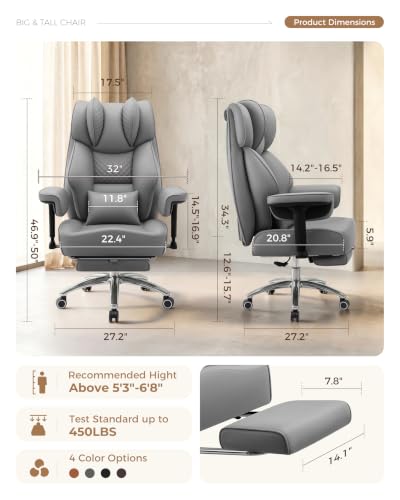 Image of Big and Tall Office Chair, Computer Desk Chair with FootRest, Grey | High Back Leather Gaming Chair with Lumbar Support, Heavy Duty Ergonomic Executive Office Chair for Home Office Gaming
