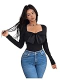 GORGLITTER Women's Bow Shirts Cute Long Sleeve Fitted Tops Bowknot Square Neck Spring Trendy T Shirts 2026 Black Small