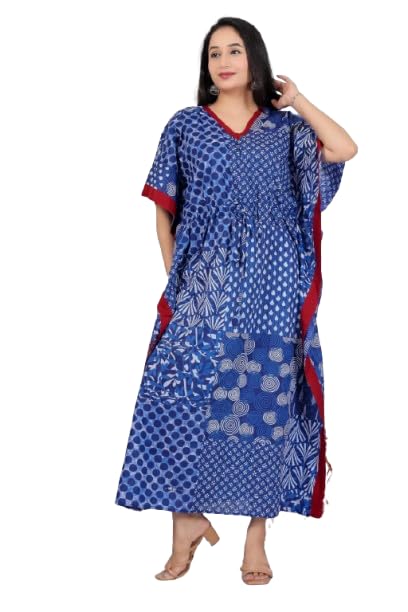 Indigo Blue Printed Kaftan with Red Border | Free Size | Casual & Ethnic Wear.-image-0