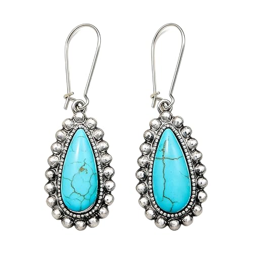 Turquoise Teardrop Dangle Earrings for Women, Vintage Boho Western Silver