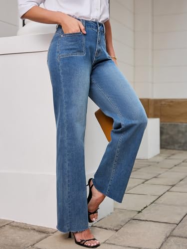 Wide Leg Jeans for Women Raw Hem, Stretchy Straight Leg Womens Jeans High Waisted with 4 Patch Pockets3