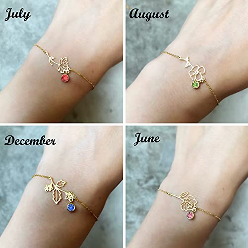 Nupdot June Birth Flower Bracelets, 14K Gold Plated Birth Month Rose Floral Birthstone Charm Bracelets Wildflower Jewelry Jun. Birthday Gifts For Women Girls #TOP2