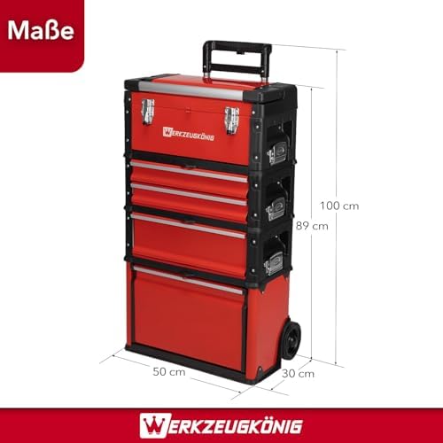 Bild 1 - Werkzeugtrolley 4 Teile Stahlblech Rot pulverbeschichtet - 1 Werkzeugkoffer, 2 schmale Schubladen, 1 hohe Schublade, 1 großes Klappfach - gratis Kleinteilekoffer