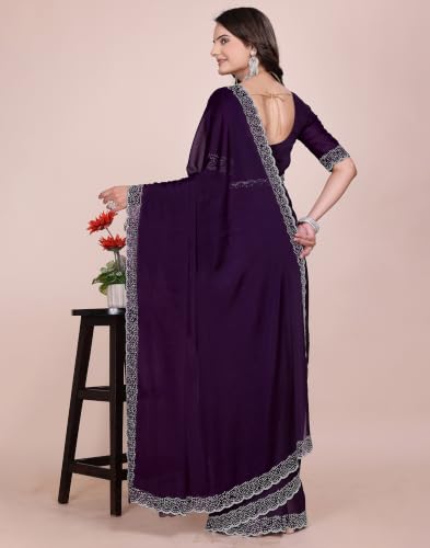 Image of SIRIL Women's Georgette Hot Fixing Stone Work Saree with Unstitched Blouse Piece