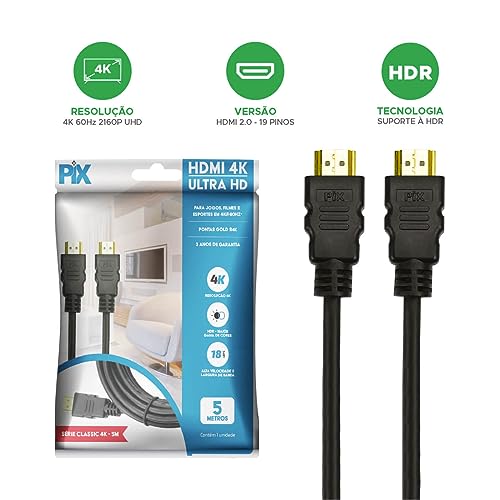 PIX Cabo Hdmi 2.0 4K Hdr 19P 5M Gold, 5 metros, Preto