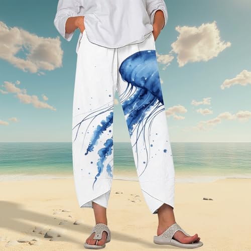 LOAIHA Japanese Pants Cotton Women Wide Leg Elastic Waist Capri Casual Y2k Pant Cropped Trousers with Pockets2