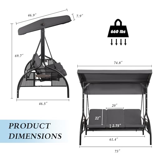 Grepatio 3-Seat Outdoor Porch Swing with Adjustable Canopy 3 Person Convertible Porch Swing Bed with Stand Heavy Duty Patio Swing with Cup Holder and Cushion for, Garden, Poolside (Gray)