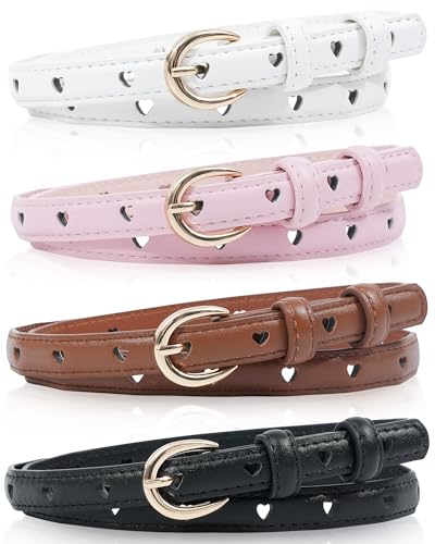 Kajeer Girls Belt 4/3 Pcs PU Leather Belt Gold Buckle Heart Hole Kid Youth Toddler Belt for Uniform Casual