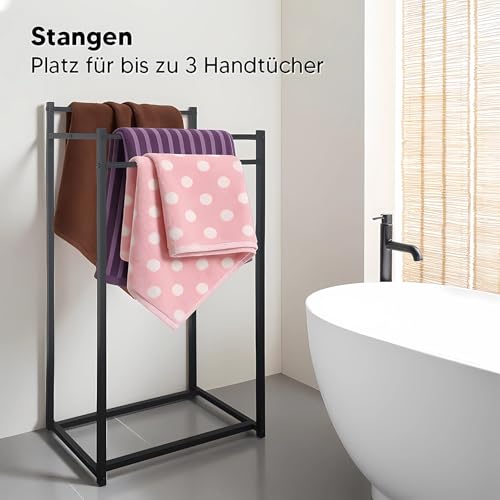 AJIEQAQ Handtuchhalter Freistehend Schwarz - Handtuchständer ohne Bohren mit 3 Stangen, Verstärkte Konstruktion, Rostfreier Badetuchhalter Platzsparend für Badezimmer & Gäste-WC