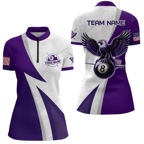 Personalized Purple Billiards Pool Women Quarter Zip Shirts 8 Ball Pool Eagle Billiard Jerseys T1069