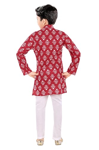 Image of TinySteps Boys Cotton Kurta Pajama | Traditional Ethnic Wear Pure Cotton Printed Kurta With Elastic Waist White Pajama