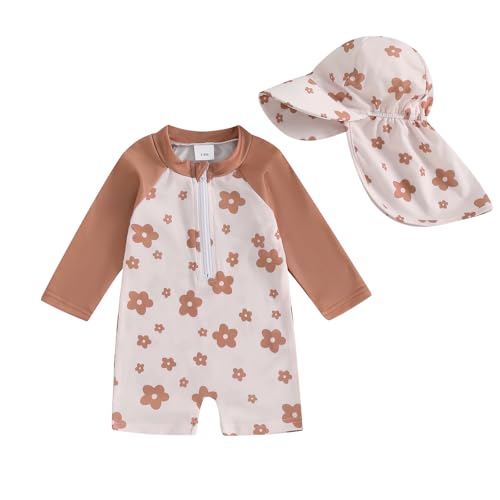 Carolilly Maillot de Bain Une Pièce Enfant Bébé Fille Anti-UV Combinaison Natation à Manches Longues Fermeture Eclair Swimwear avec Chapeau (Kaki Floral, 3-6 Mois)