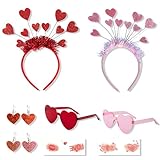YoneJave 8Pcs Valentine's Day Heart Shaped Headbands Set with Heart Hair Hoop Red Heart Headband Sunglasses Earrings