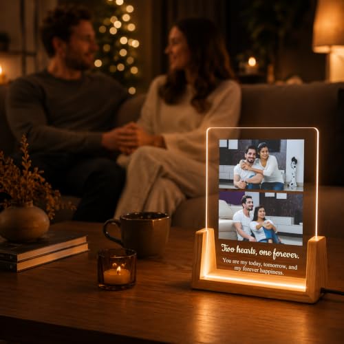 Image of Giftplease Personalized LED Acrylic Photo Frame with Custom Photos & Text | Engraved Acrylic Picture Lamp | Wooden LED Base | USB Night Light | Anniversary Wedding Birthday Couple Family Home Decor