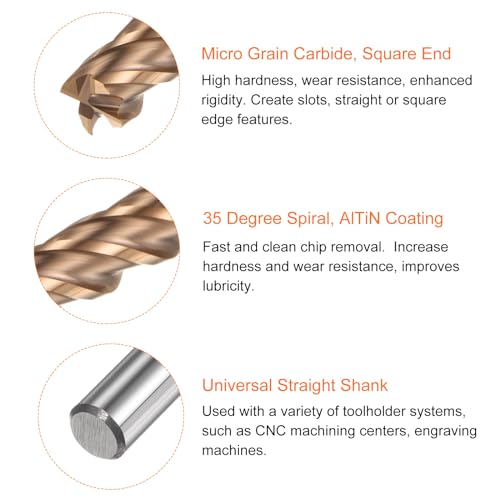 Image of HARFINGTON Micro Grain Carbide Square End Mill 1 /4 inch x 11 /16 inch (6mm x 18mm) Cut 1 /4 inch (6mm) Shank 2 inch (50mm) Length AlTiN Coated 4 Flutes Square Nose Cutter for Alloy Steel Hardened Steel