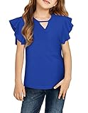 Greatchy Girls Tee Casual Crew Neck T-Shirts Short Sleeve Solid Color Keyhole Neck Butterfly Tops Bl