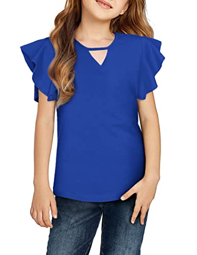 Greatchy Girls Short Sleeve Tee Ruffle Cap Sleeve Hollow Out Crewneck Blouse Shirt Top Blue #TOP2