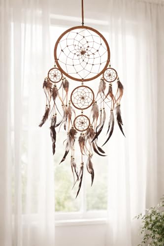 OMA Dream Catcher Wall Hanging with Tiger Eye Stones and Feathers, Brown Suede Traditional Dream Catcher Boho Home Decor Bedroom Decoration Gift Large Size - 28" Long x 9" Diameter - Image 3