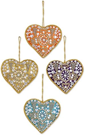 NOVICA Heart Shaped Embroidered Beaded Hanging Holiday Tree Ornaments 'Colorful Hearts' (Set of 4)