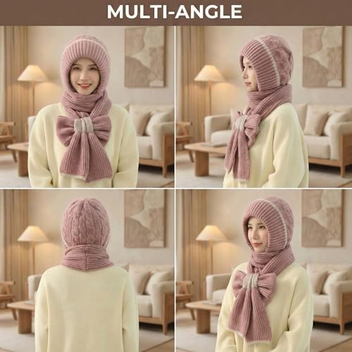 Image of Kraptick Women's Winter Cap and Scarf Set - Thick Fleece Lined Knitted Beanie Hat and Neck Warmer Muffler for Ladies, Stretchable & Soft Woolen Snow Proof for Extreme Cold -5