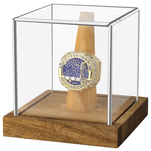 Image of Clear Acrylic Championship Ring Display Case with Wood Stand Base, Memorabilia Stand Cube Holder Dust Protection Transparent Storage Box for Sports Baseball Basketball Fan Souvenir Protection Supplies