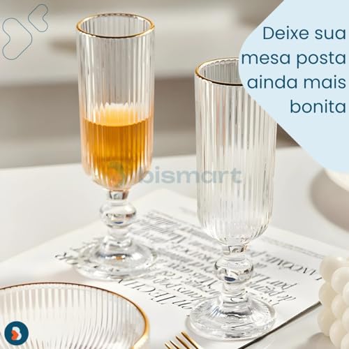 Jogo de Taças de Vidro Champanhe Borda Dourada 140ml