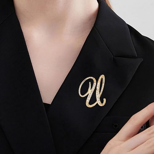 Image of Rhinestone Initial Brooch Pin for Women, Alphabet Gold Letter Brooch A-Z with Crystal, Metal Pin for Hat Bag Dress Suit Accessory for Men