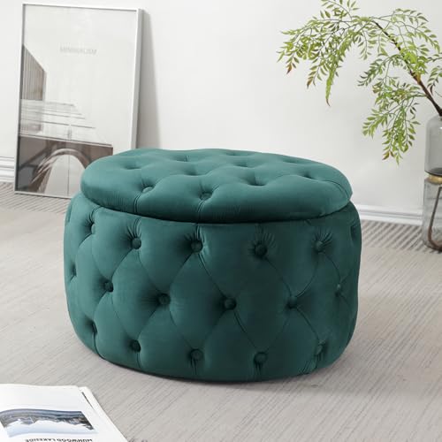 Oval Storage Ottoman with Button-Tufted Diamond Stitch, Upholstered Storage Bench with Lift Top, Multifunctional Footrest Stool for Living Room, Bedroom, Entryway (Blackish Green)