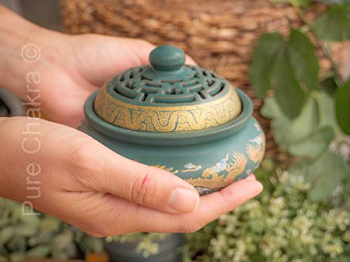 4.5" Painted Round Ceramic Incense Burner Bowl | Stick Rope Dhoop Cone Ash Catcher | Traditional Chinese Design Meditation (Green) #TOP5