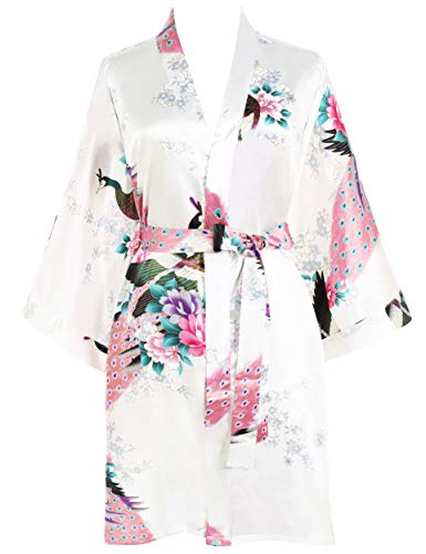 BABEYOND Short Kimono Robe Blouse Peacock Printed Kimono Cover Up Loose Cardigen (White)