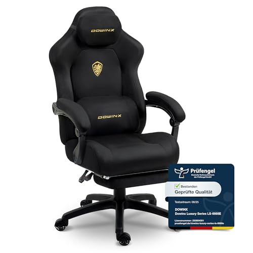 Dowinx Gaming Stuhl Ergonomisch mit Massage-Lendenkissen, Höhenverstellbare Kopfstütze, Verdicktes Sitzpolster, Ausziehbare Fußstütze, Verstellbare Armlehnen, Mikrofaser-Velours, 160° Neigbar, Schwarz