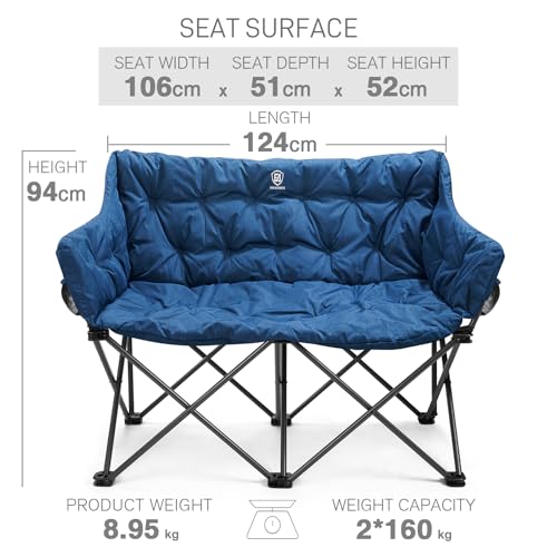EVER ADVANCED Camping Chair Double for Adults 6cm Padded 320kg Folding 2 Seater Sofa with Side Pocket Dining Garden Chair Outdoor Heavy Duty Luxury Fishing Chair Portable... - Image 3