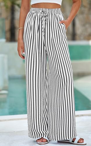 Image of PRETTYGARDEN Womens Pants Elastic Waist Floral Lightweight Palazzo Pants for Women Casual Lounge Wide Leg Pants Woman