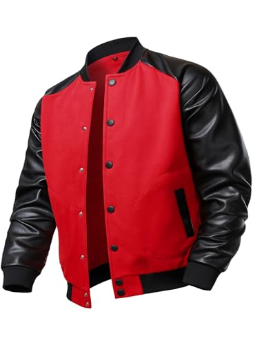Image of FANARCHER Men's Varsity Baseball Jacket Cotton Blend Letterman Jacket with Faux Leather Sleeve Bomber Coat, Red, L