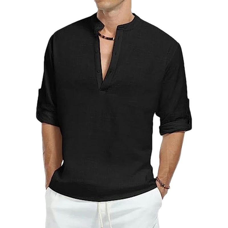 Chemise décontractée en coton pour homme à manches longues et col basique unie