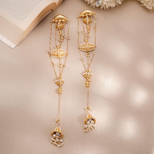 Image of Rubans Long Jhumka Earrings with Ear Chain Pearl Beaded Traditional Wedding Jewellery Gift for Women & Girls