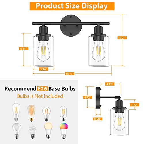 Licperron 2-Light Bathroom Vanity Light Fixtures, Modern Black Bathroom Vanity Lights Over Mirror With Clear Glass Shade, Industrial Wall Mounted Sconces Lighting For Bedroom Hallway #TOP2