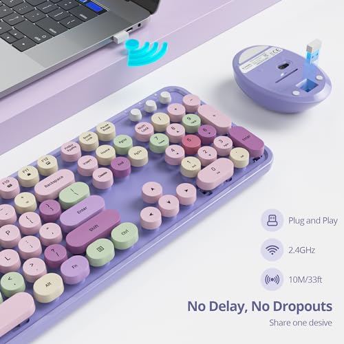 Image of GTSP Typewriter Colorful Purple Keyboard and Mouse Wireless, 2.4GHz Full-Size Retro Cute Office Computer Keyboard with Round Keycaps for Desktop Laptop and PC (Colorful Purple)