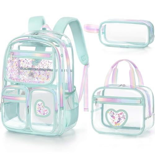 Image of Fimibuke Clear Backpack for Girls, 3PCS Heavy Duty PVC Transparent Kids Backpack for Teen Girls, School, Concert, Stadium Events Approved See Through School Girl Bookbag with Lunch Box & Pencil Case
