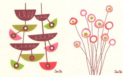 Trendy Tripper 2 Swedish Dishcloths, Jenn Ski's Mid-Century Modern Maroon/Red Slicer & Button Flower