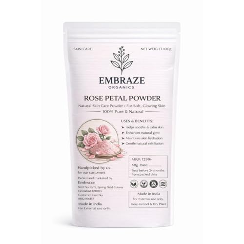Image of Embrace Organics Rose Petal Powder for Skin Care | 100% Pure Natural Face Pack | Hydrating, Soothing & Skin Brightening | Herbal Powder for Glowing Skin (100g)