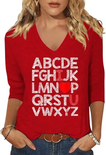 Image of Womens 3 /4 Sleeve V Neck Valentine T Shirts Love Heart Printed Graphic Tee Tops