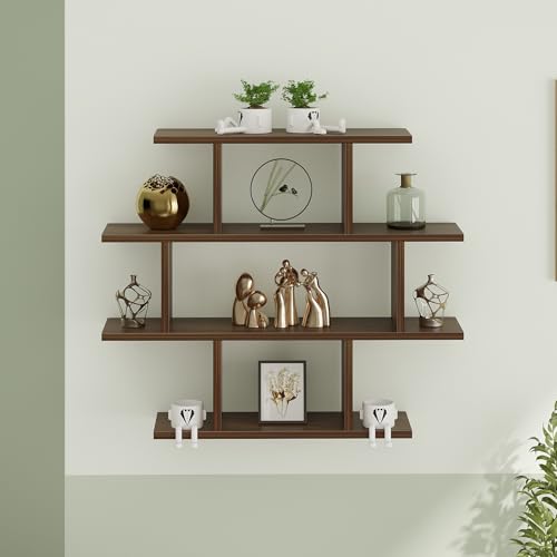 Image of BLUEWUD Senara-4 Layer Wall Mount Design Engineering Wood Bookshelf Filing Cabinet Books Rack Organizer for Decor Display for Library Living Room Study Room (Color - Brown Maple)