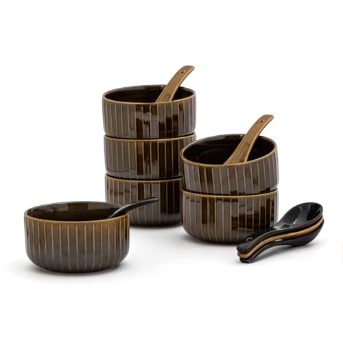 Image of Clay Craft Fine Ceramic 12-Piece Soup Bowl Set | 6 Soup Bowls with 6 Spoons | Striped Glossy Design | 350 Ml Capacity | Microwave & Dishwasher Safe | Ideal for Soup, Snacks & Noodles | Golden Brown