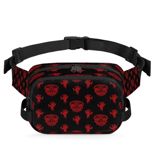 Hand Painted Skull Hand Bones Waterproof Fanny Pack for Women Men Adjustable Waist Bag with Double Zipper Pockets Lightweight Square Hip Pack for Running Travel Hiking Workout Cycling