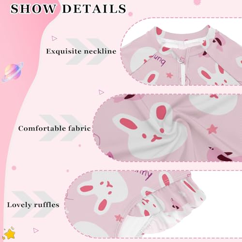Cute Simple Bunny Pink Prints Girls One Piece Rash Guard Swimsuit, Girls Long Sleeve Swimwear for 3-12Y4